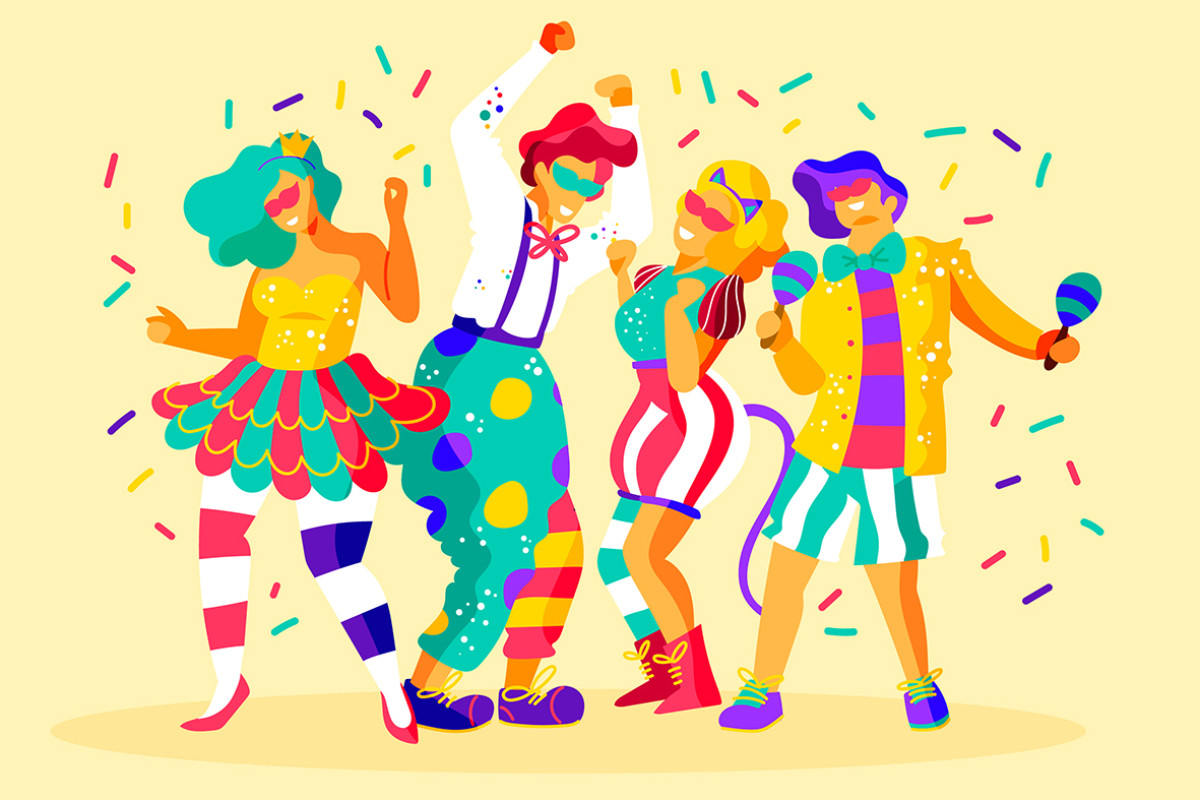 Tekening van 4 verklede mensen die feestvieren