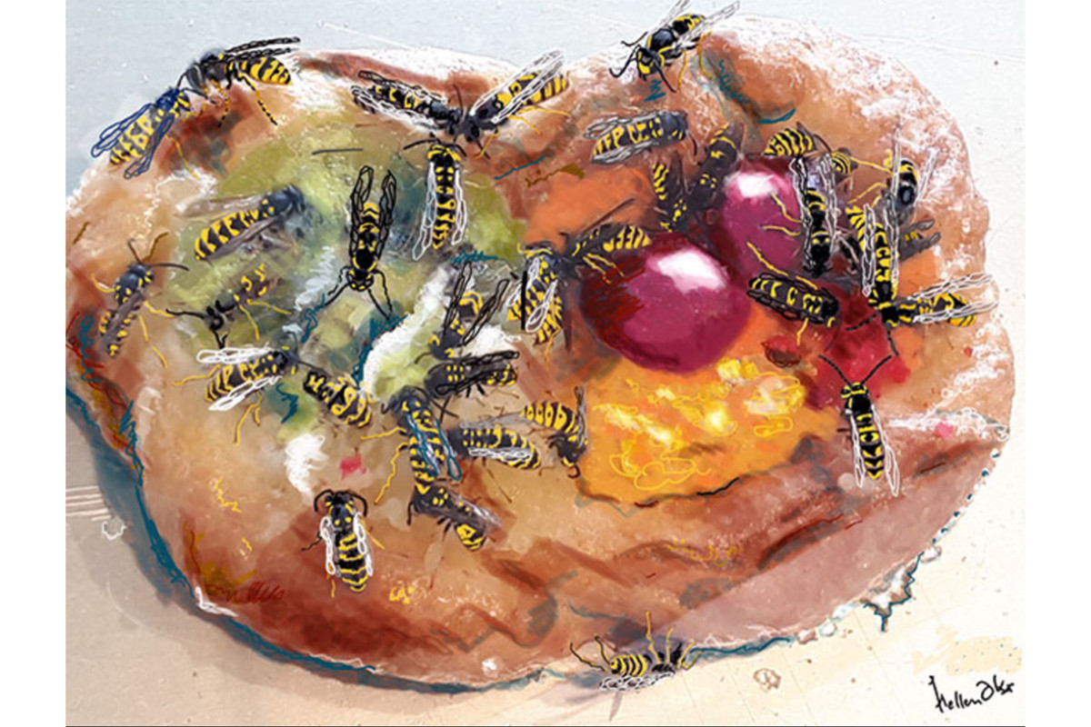 Schilderij van fruit met vliegen