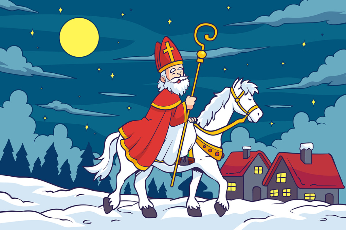 Tekening van Sinterklaas op een paard