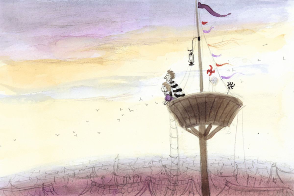 tekening van 2 mensen in het ooievaarsnest op een schip