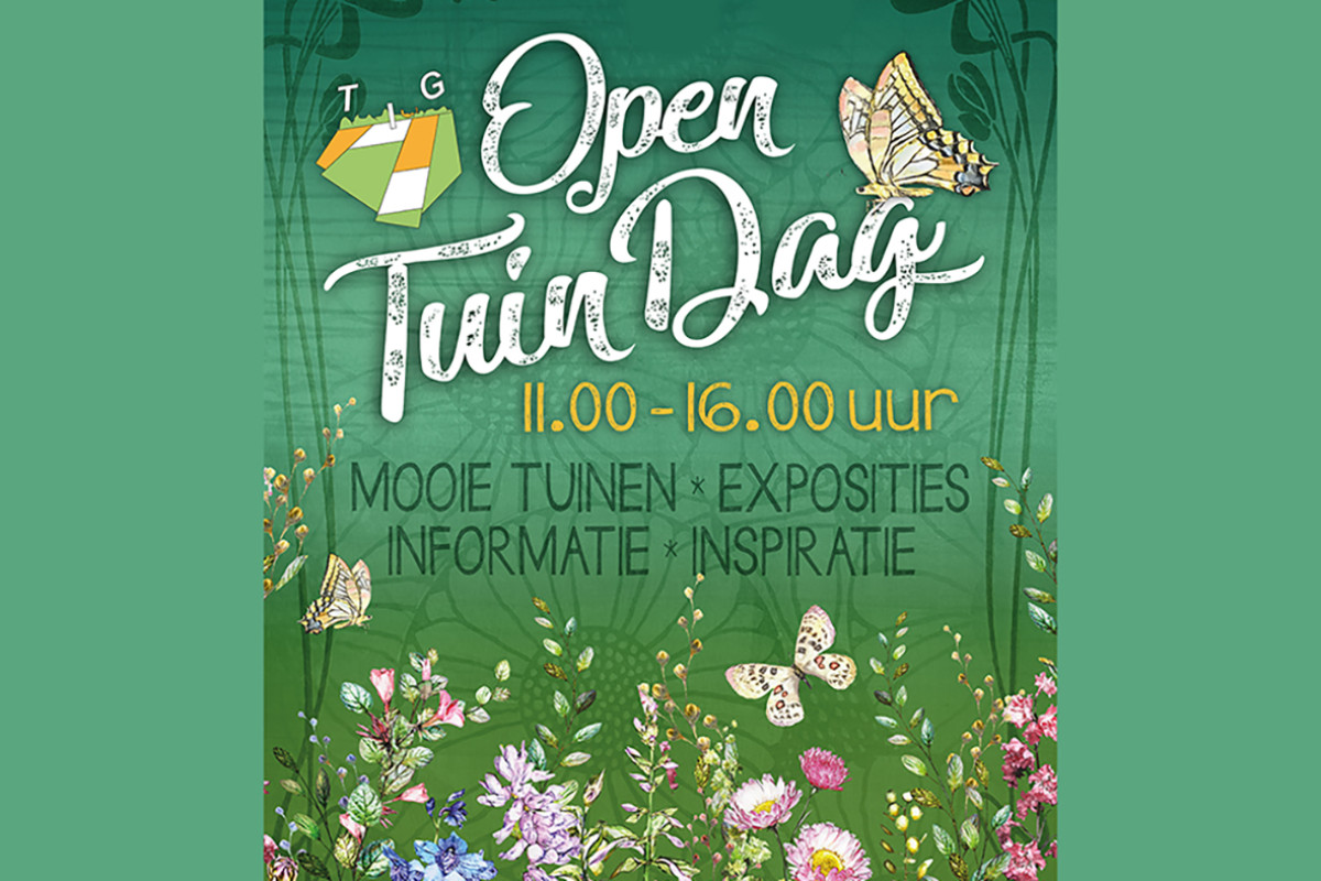 Poster met veel groen en bloemen en de tekst Open Tuin dag
