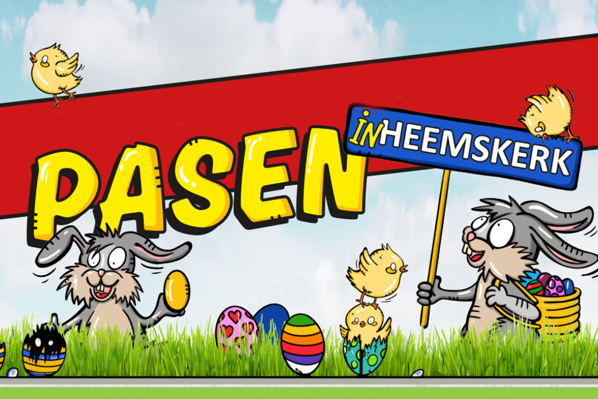 Getekende paashazen met een bordje Heemskerk.