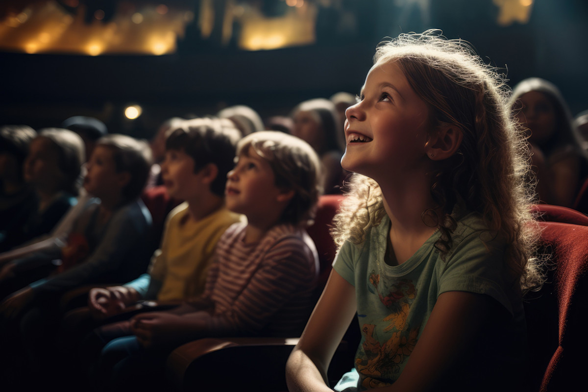 Kinderen zitten in een theater en kijken naar het podium