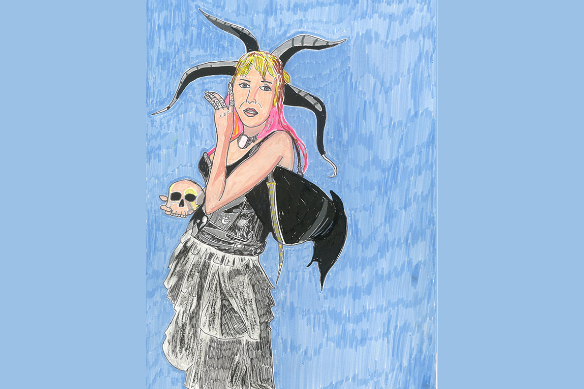 Tekening van vrouw met doodskop