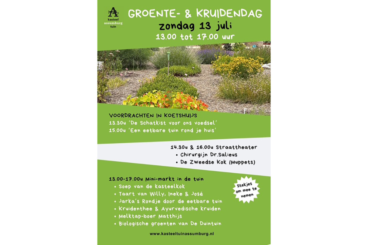 Groene poster met een foto van een tuin en witte tekst